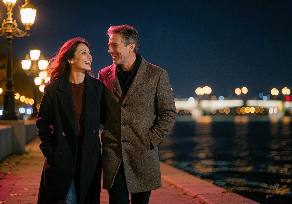 Couple walking together along a lit riverside promenade at night after meeting through a Kazakh dating site