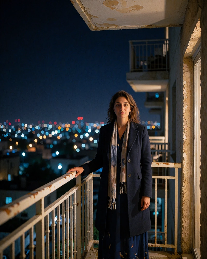 Yemeni woman in a navy coat standing on an apartment balcony at night