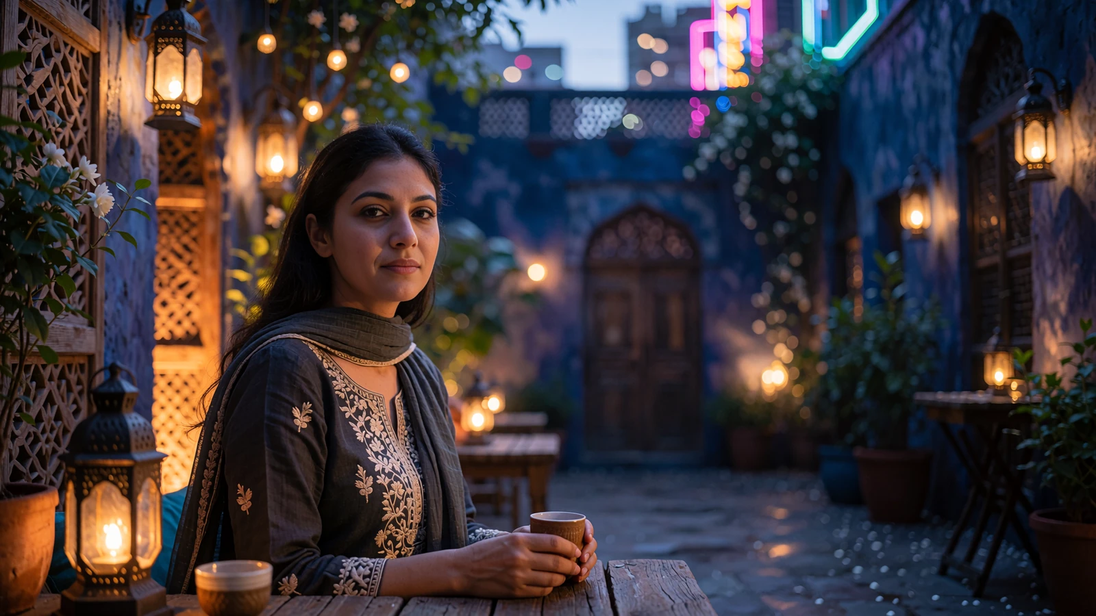Graceful Pakistani woman seated in a lantern-lit courtyard holding a tea cup, illustrating Pakistani dating culture and family-oriented values