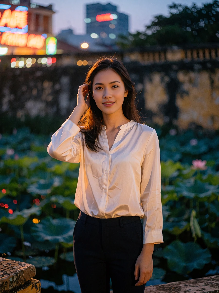Vietnamese member in an ivory blouse standing in a quiet lotus-pond courtyard at dusk