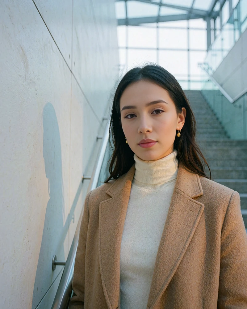 Striking Kazakh woman in a camel coat standing in a modern glass-walled atrium