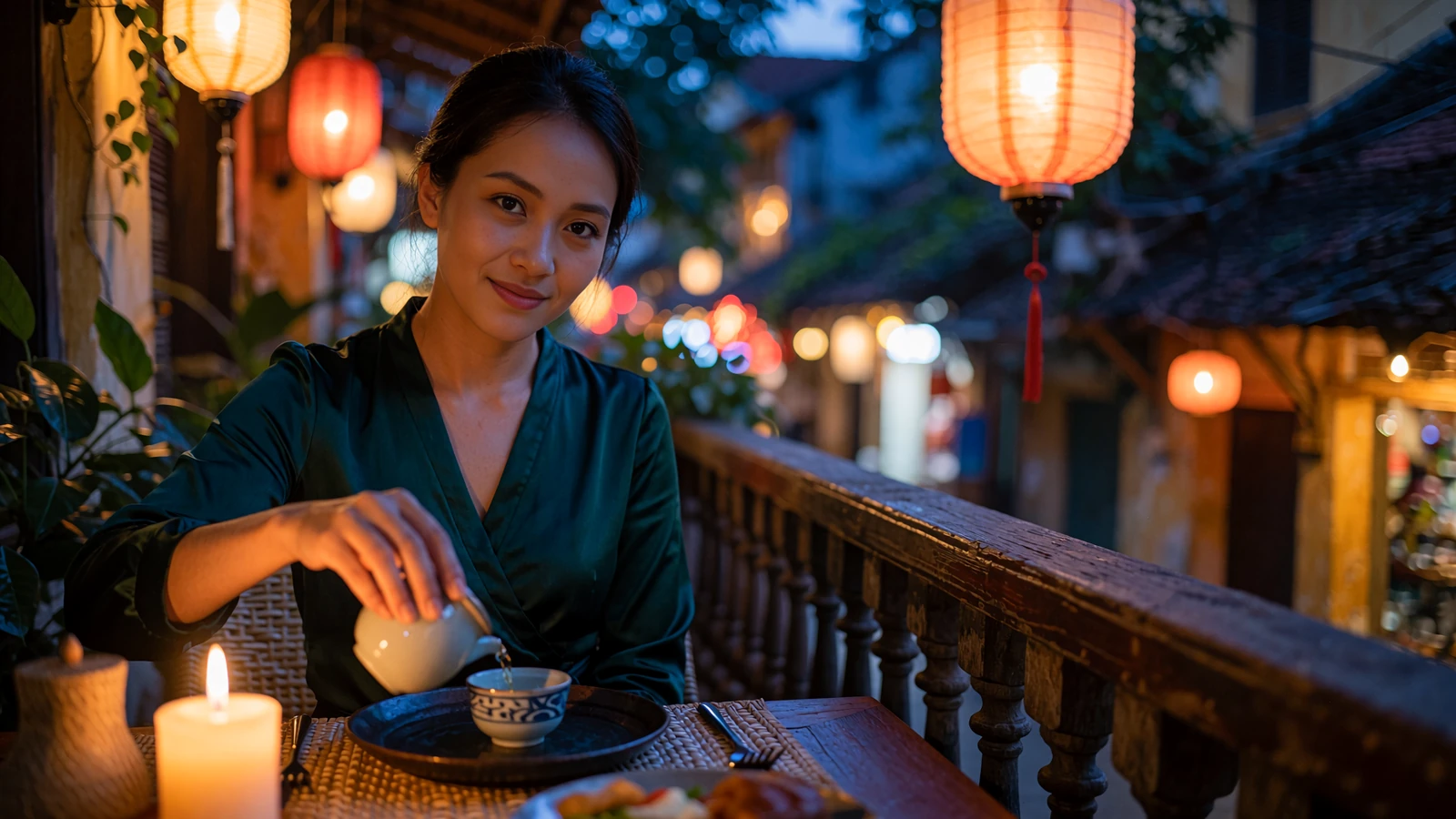 Graceful Vietnamese woman pouring tea at a candlelit terrace dinner table in Hanoi, illustrating Vietnamese dating culture and family-centered evenings