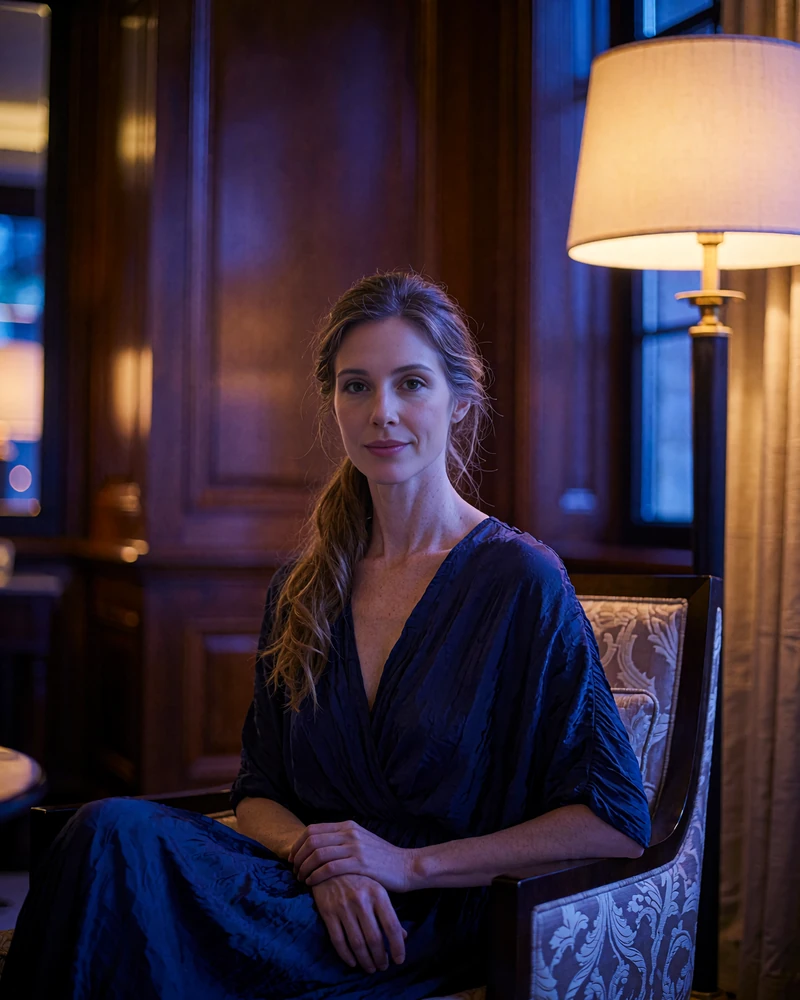 Japanese member in a navy dress seated in a refined hotel lounge in the evening