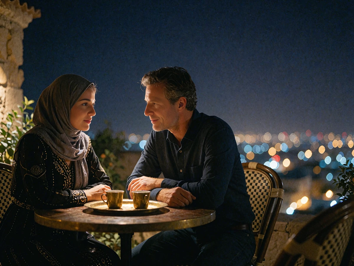 Yemeni woman and a Western man in respectful conversation over coffee on a quiet rooftop at night