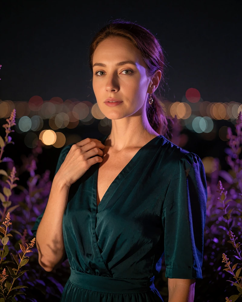 Cambodian woman in an elegant teal dress standing on an open terrace at night