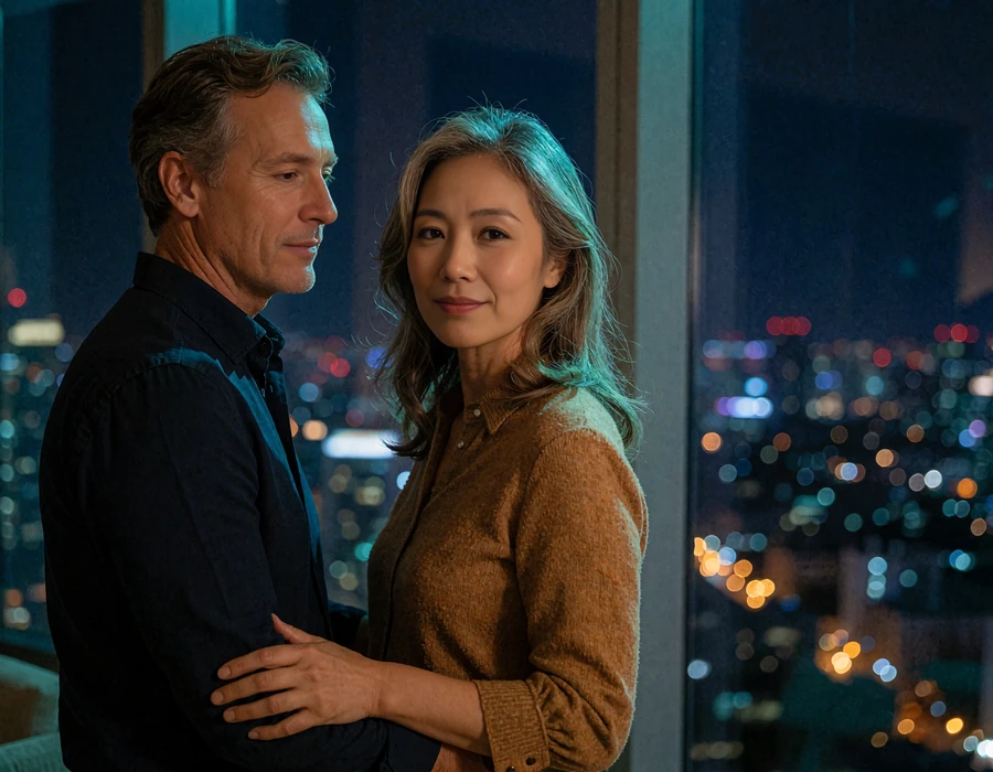 Couple standing together by a hotel lounge window overlooking a city skyline at night