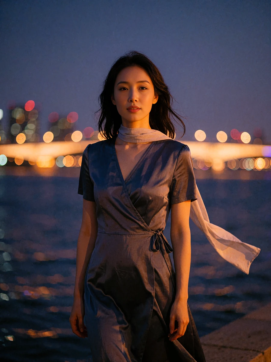 Korean member in a slate wrap dress on a riverside promenade at blue hour