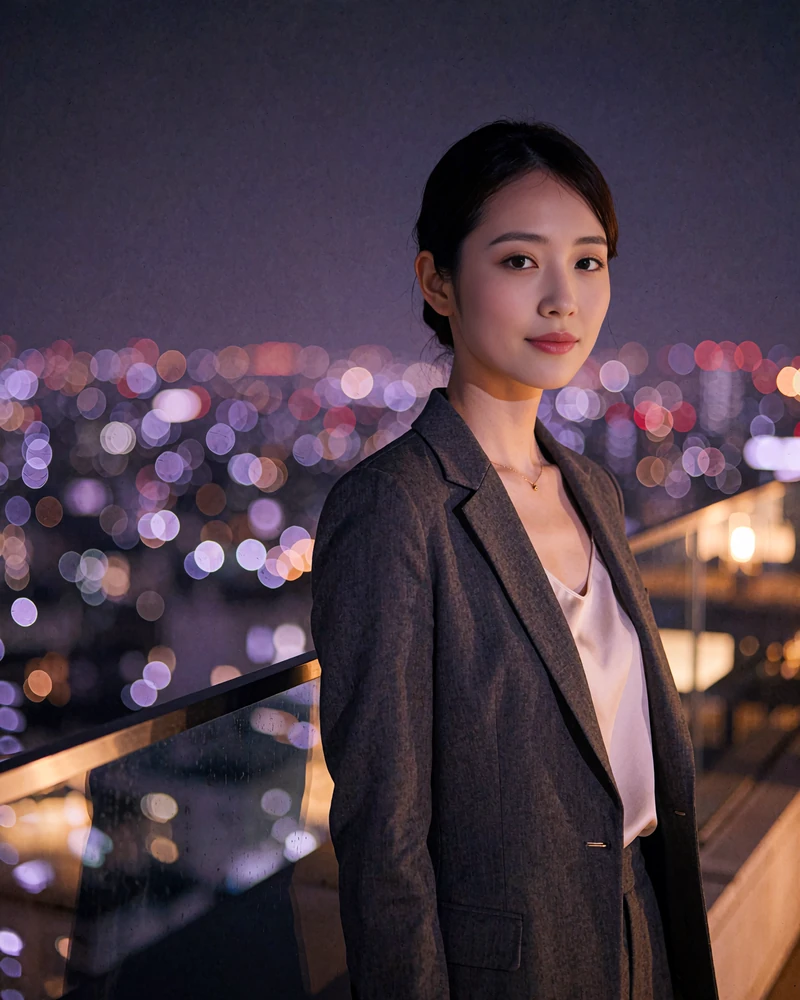 Elegant Japanese woman in a charcoal blazer on a rooftop bar terrace at night, representing a verified member profile