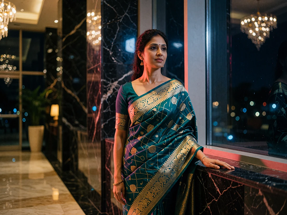 Graceful Bengali woman in a deep teal sari standing beside a window in a modern hotel lobby at night