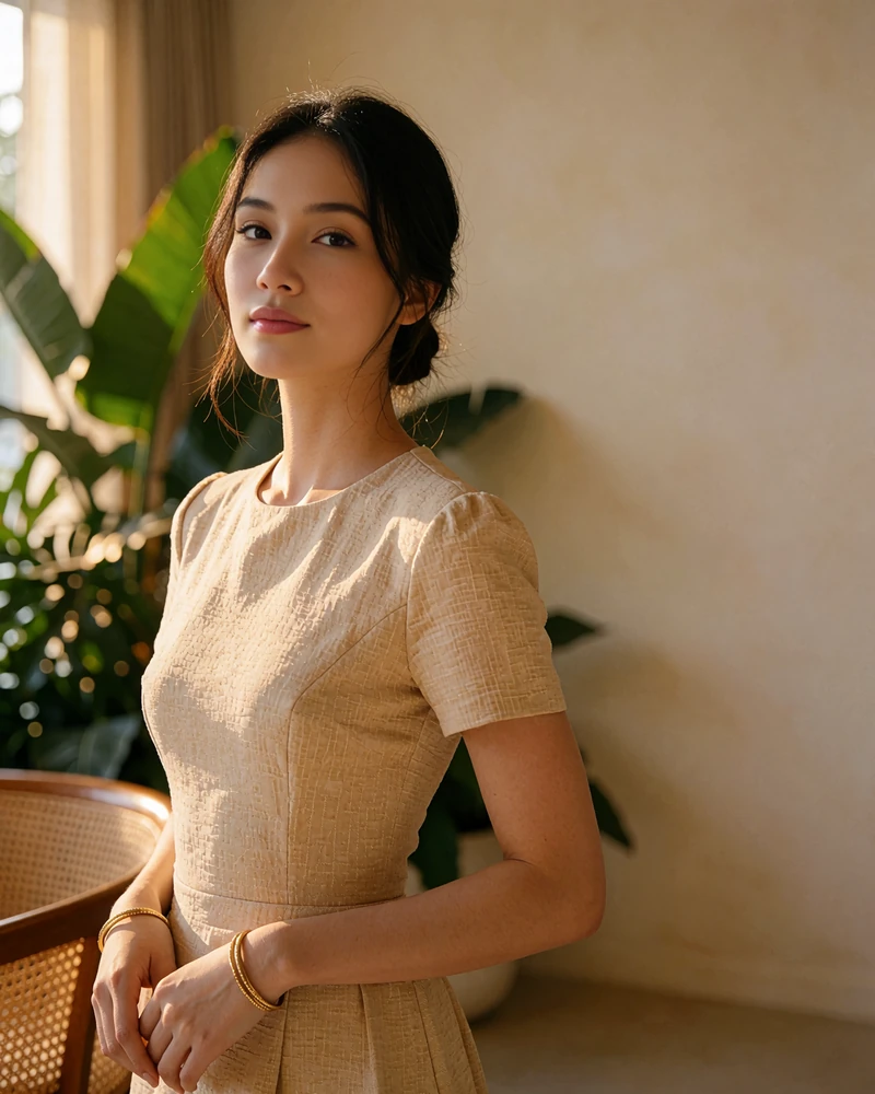 Poised Thai woman in a sand-colored dress standing in a boutique hotel lounge, illustrating a verified member profile