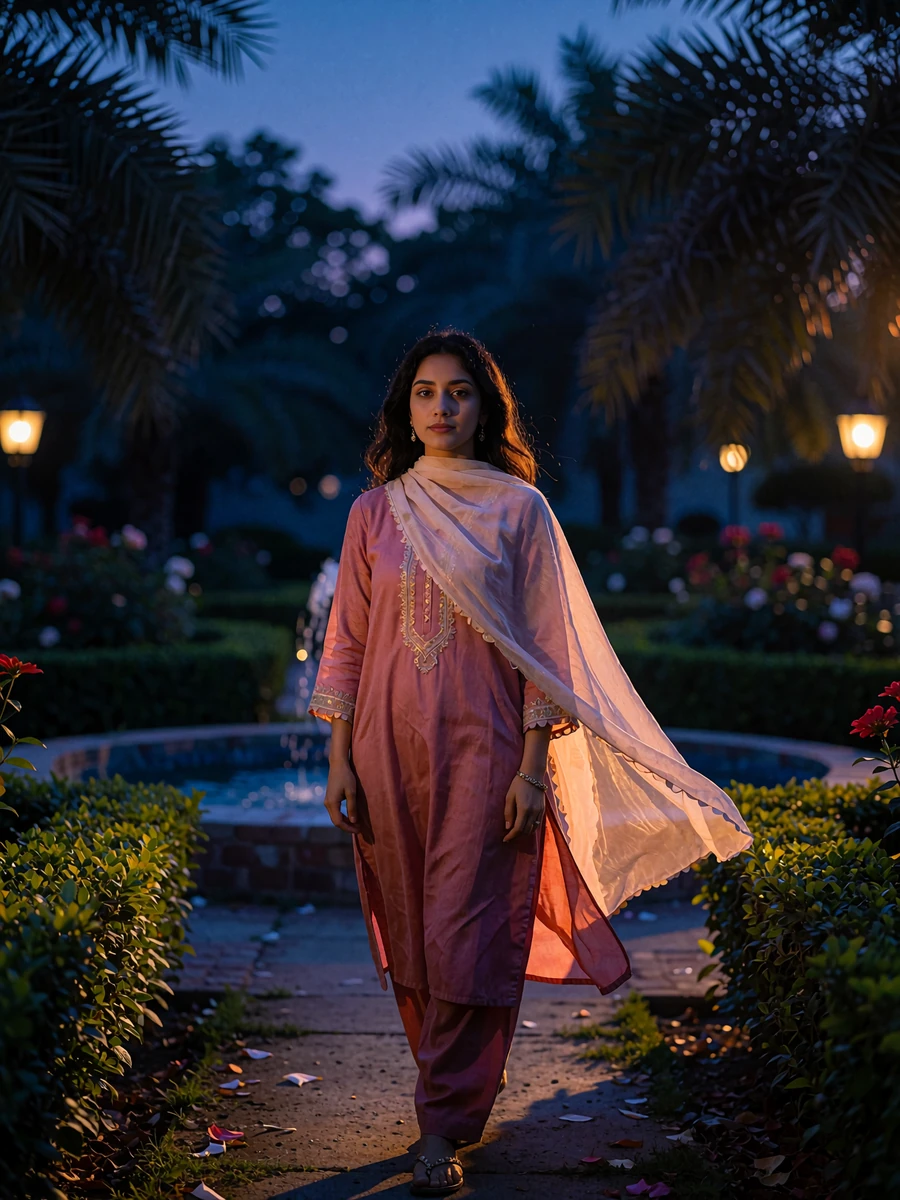 Pakistani member in a rose shalwar kameez standing on a garden path at dusk