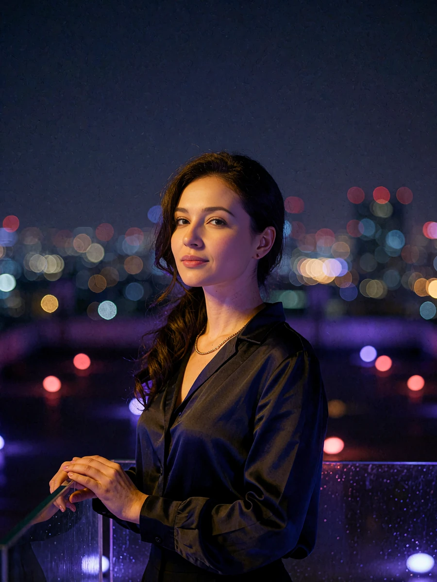 Tajik member standing on a rooftop lounge at night with distant city lights behind her