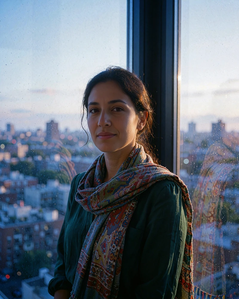 Afghan member in a softly draped scarf and deep green blouse standing beside a window at dusk
