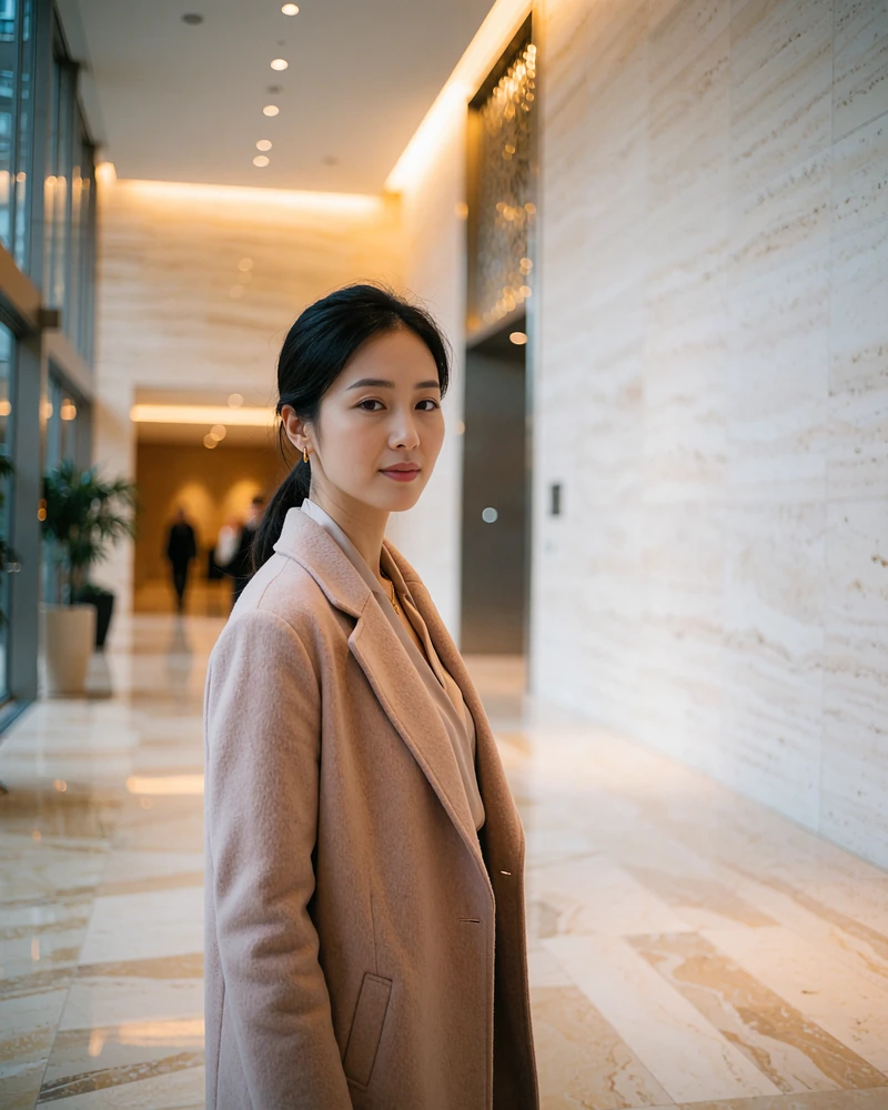 Elegant Chinese woman in a blush coat in a luxury hotel atrium, representing a genuine verified member