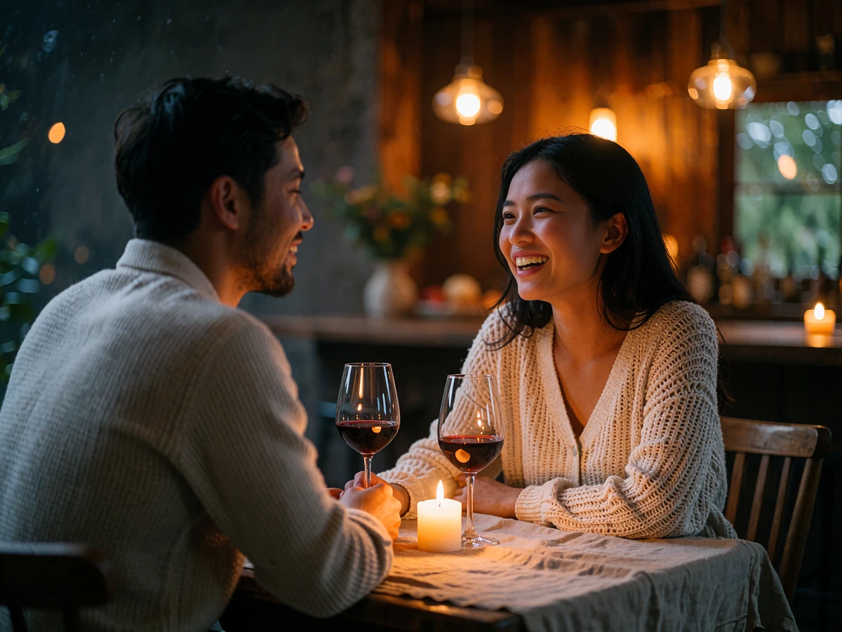 Couple sharing an unguarded laugh over dinner at an intimate restaurant, illustrating genuine interest in early dating conversation