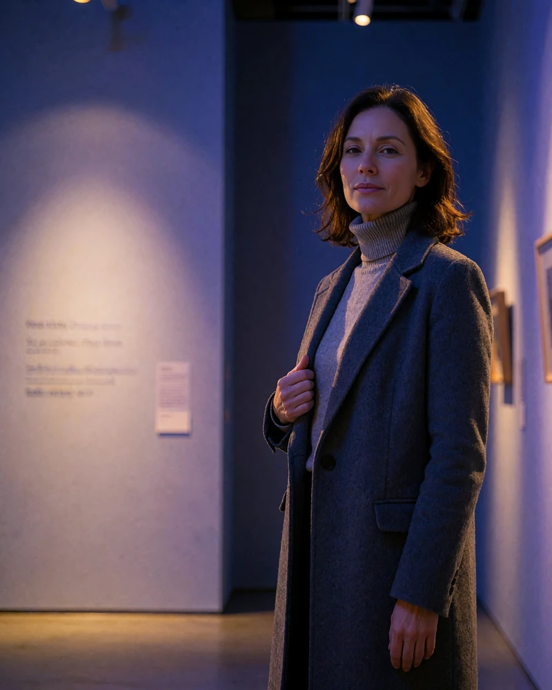 Japanese member in a charcoal coat standing in a minimalist gallery corridor