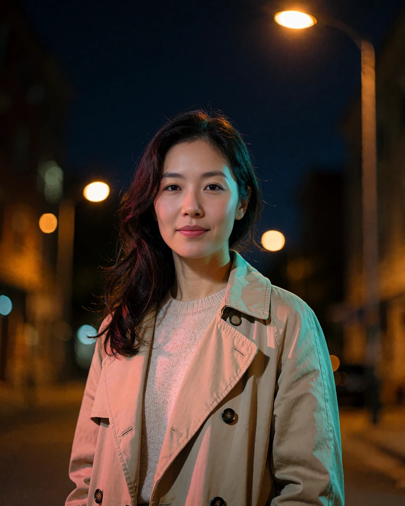 Candid portrait of a woman of Korean heritage in a beige trench coat under a street lamp at night, a verified diaspora member on this North Korean dating site