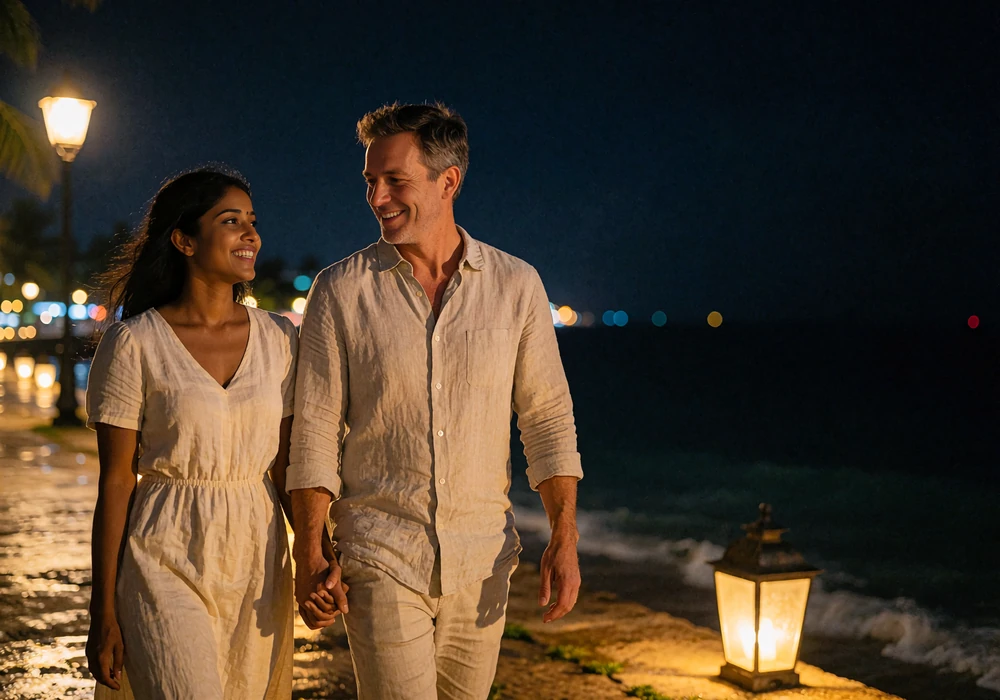 Couple walking hand in hand along a lantern-lit seafront path at night after meeting through a Sri Lankan dating site