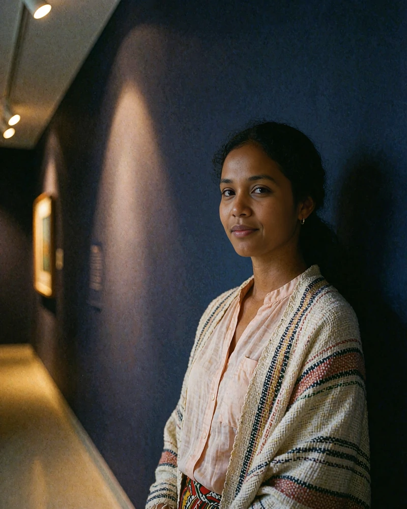 Timorese member in a blush blouse and woven shawl standing in a contemporary gallery corridor