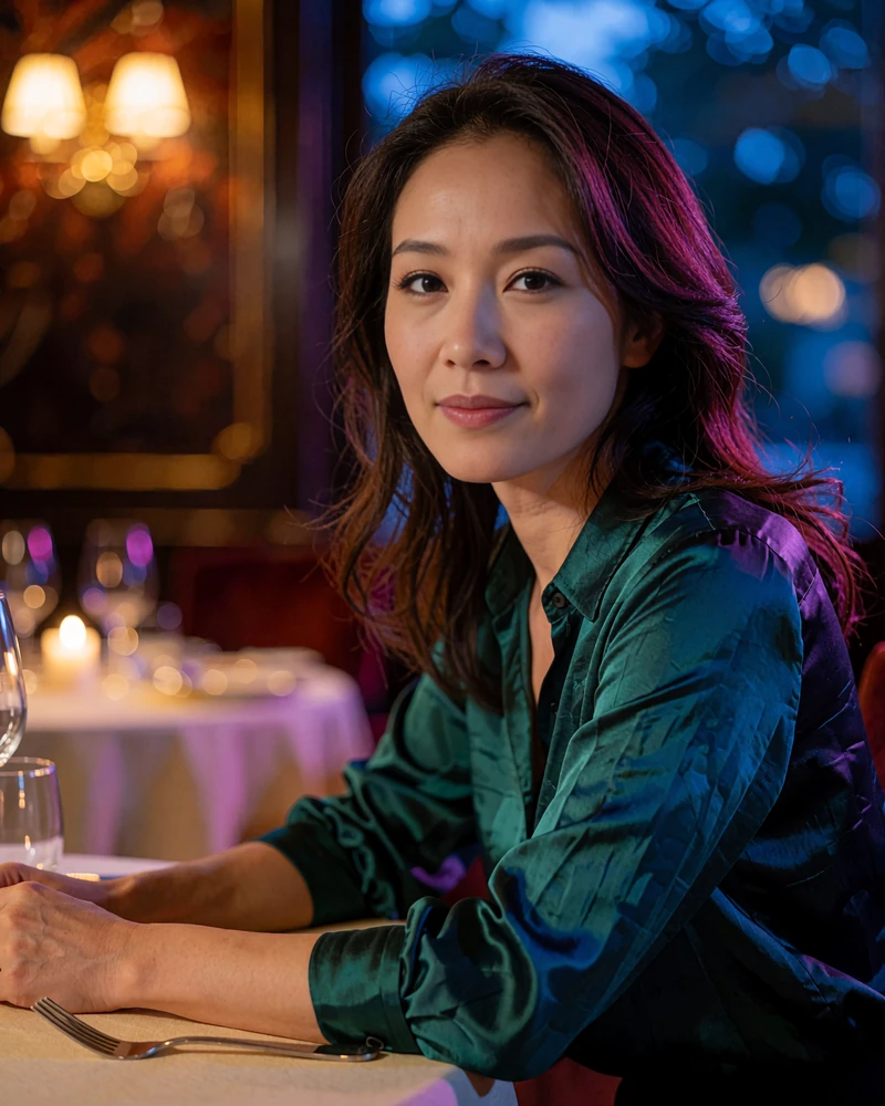 Taiwanese member in an emerald silk blouse seated at a refined restaurant table