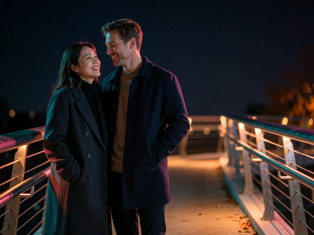 Couple sharing a quiet moment on a modern pedestrian bridge at night after meeting through a North Korean dating site