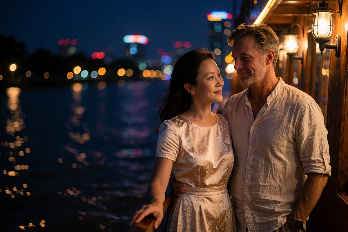 Couple standing at the rail of a river cruise boat at night after meeting through a Vietnamese dating site