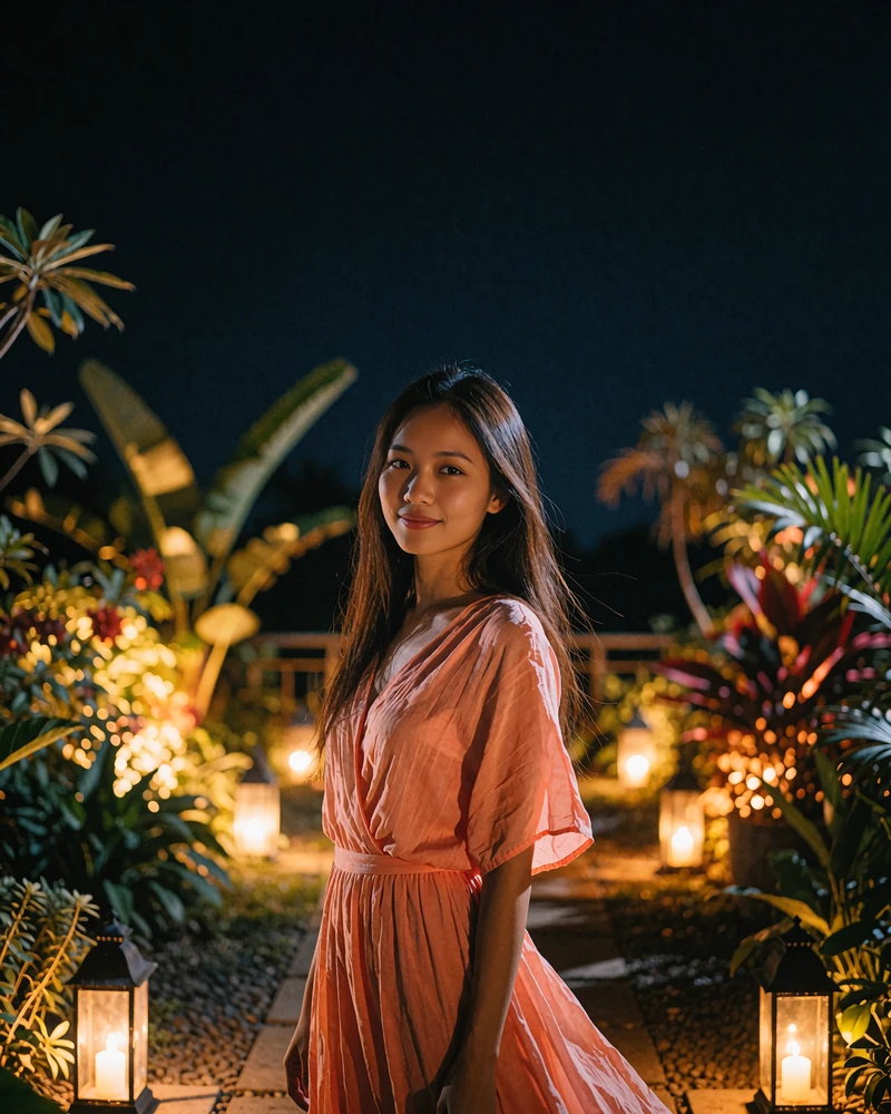 Indonesian member in a soft coral dress on a lantern-lit garden terrace at night