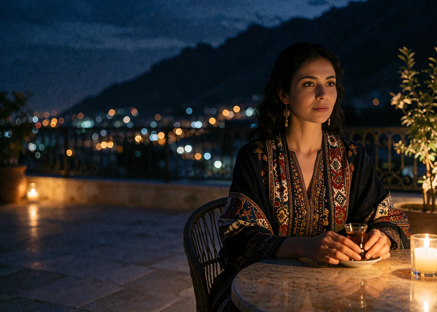 Tajik woman sitting at a candlelit terrace table overlooking a mountain valley at dusk