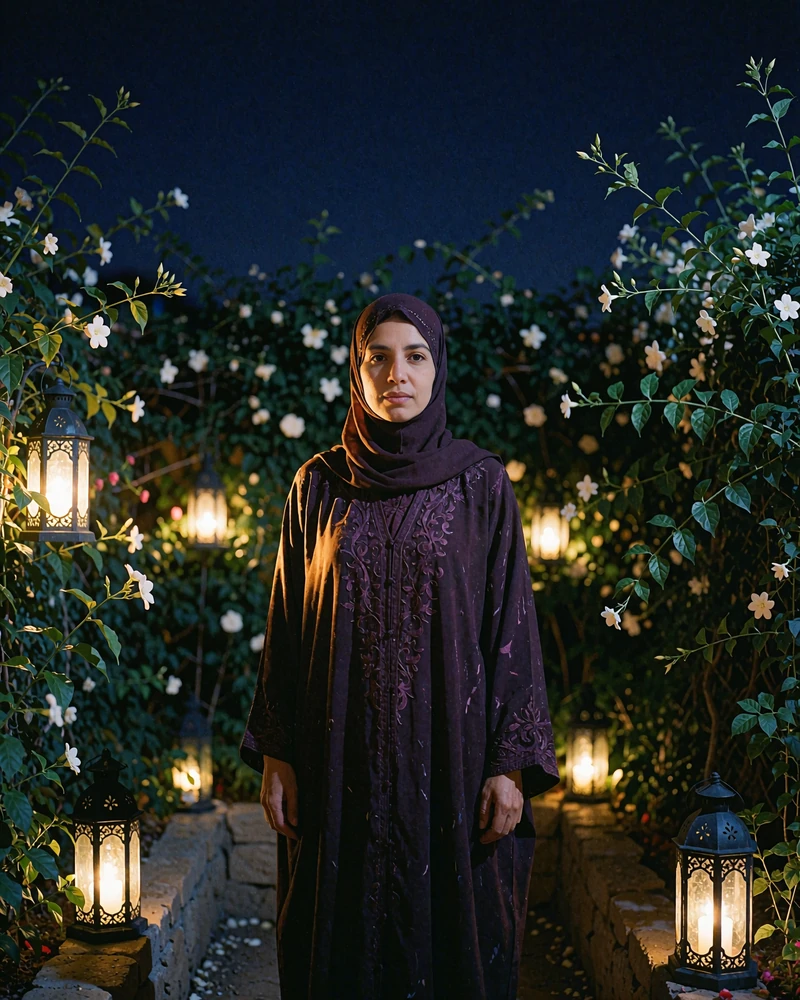 Yemeni woman in a plum abaya standing in a lantern-lit courtyard garden