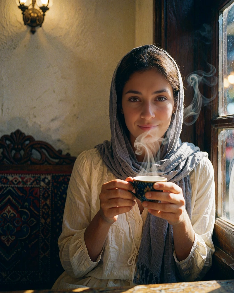 Yemeni woman in a grey headscarf seated by a window in a traditional coffee house