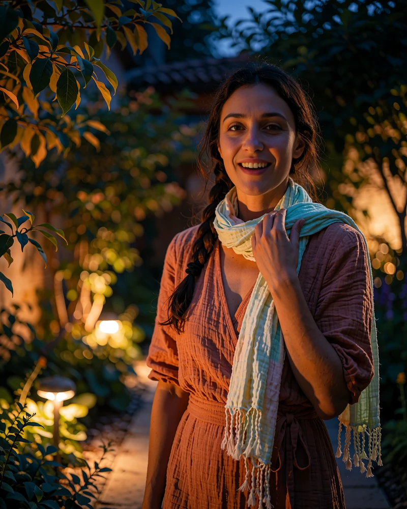 Uzbek member in a terracotta wrap dress smiling in a softly lit garden courtyard at dusk