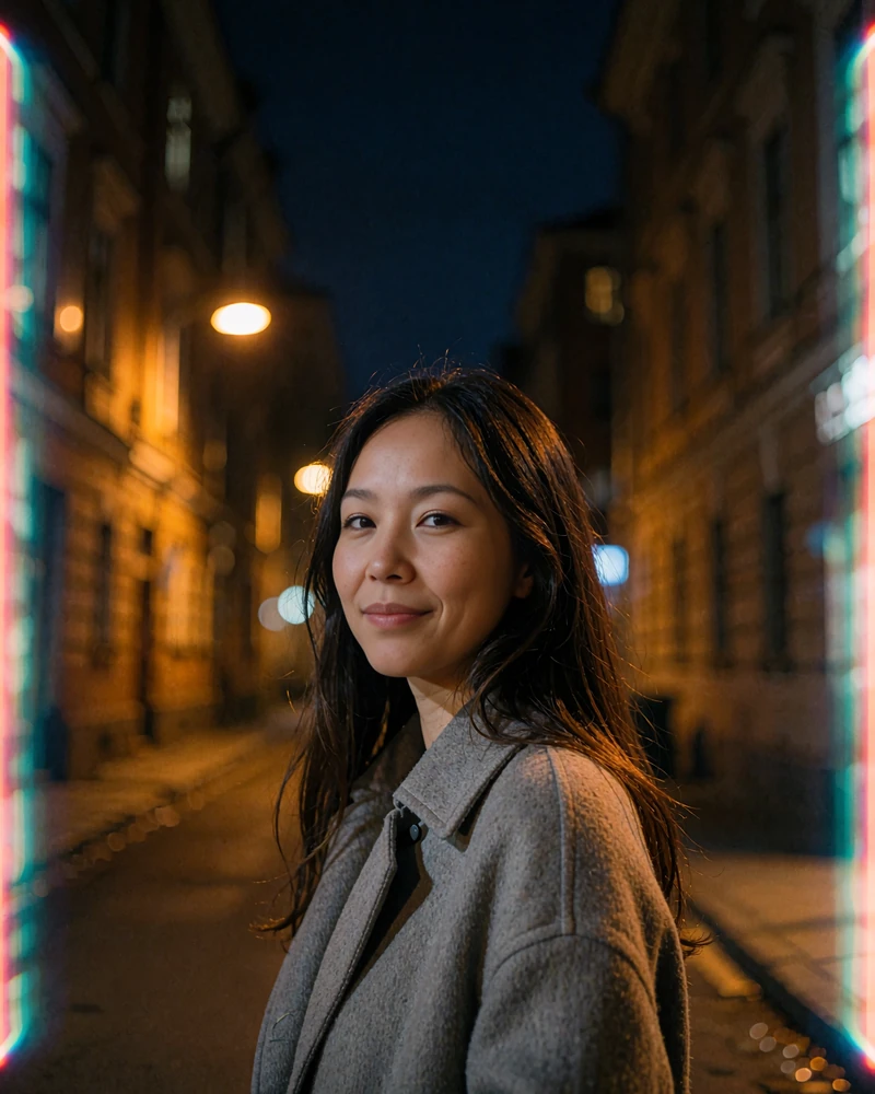 Mongolian woman in a soft grey coat smiling on a quiet evening city street with amber window bokeh