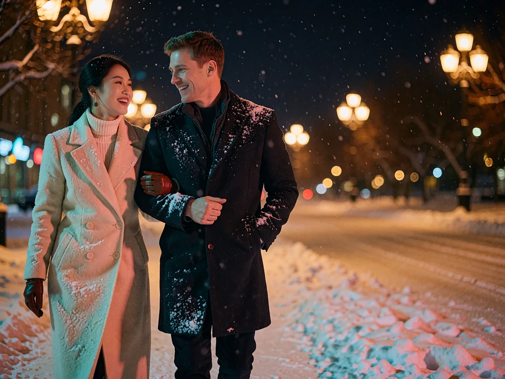 Couple walking arm in arm along a snow-lined city boulevard at night after meeting through a Mongolian dating site