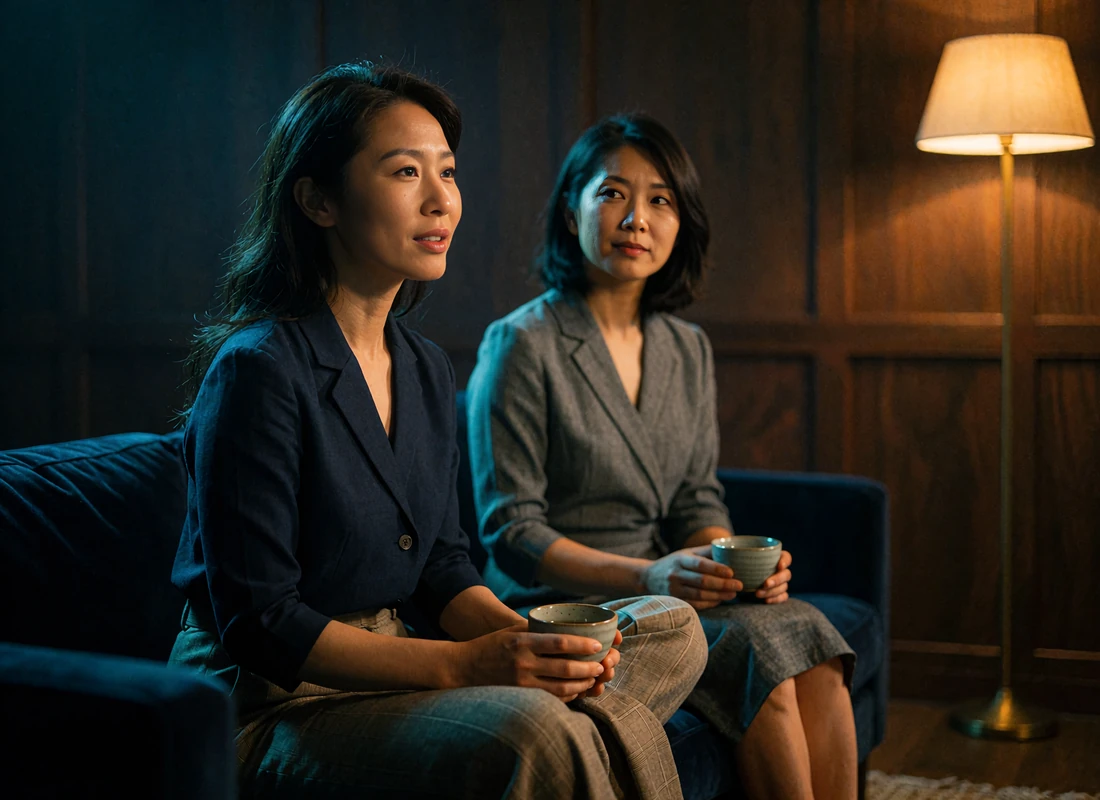 Two Asian women talking over tea in a quiet hotel lounge at night, reflecting genuine conversation on the platform