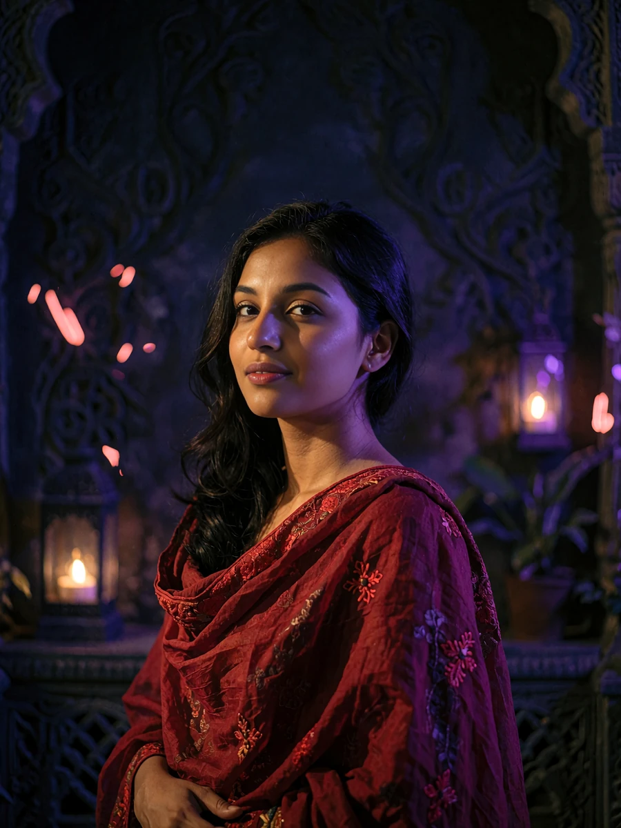 Indian member in a crimson dupatta standing in a dim lantern-lit courtyard at night