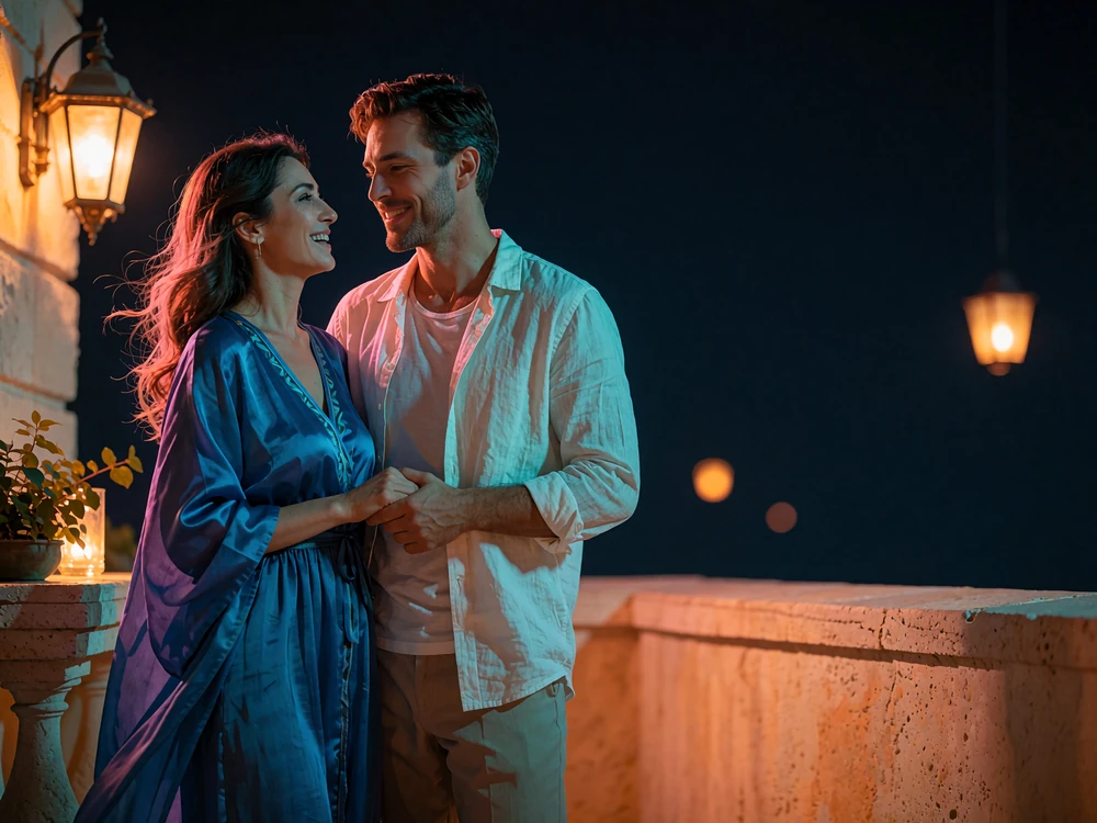 Couple laughing together on a warm-lit hotel terrace at night after meeting through an Uzbek dating app