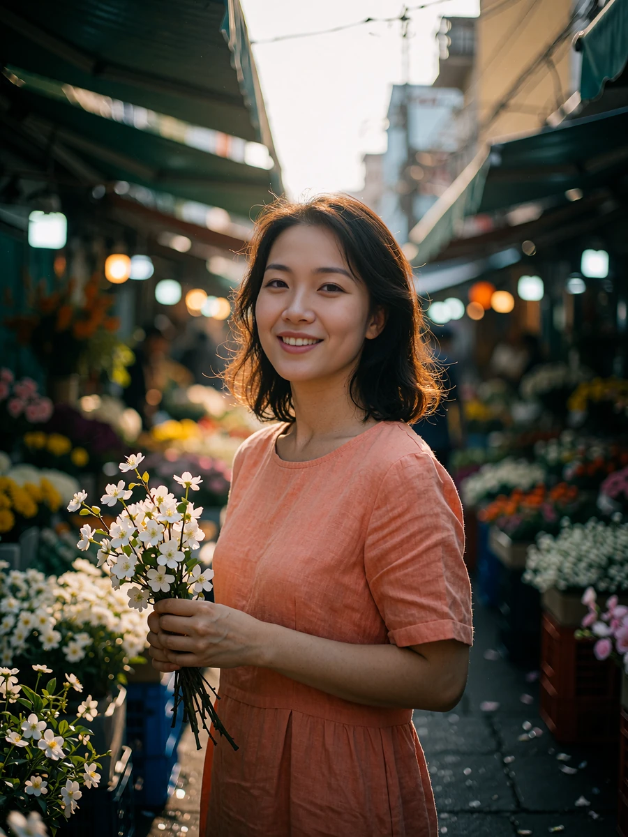 Vietnamese member in a coral linen dress holding white blossoms in a flower-market lane