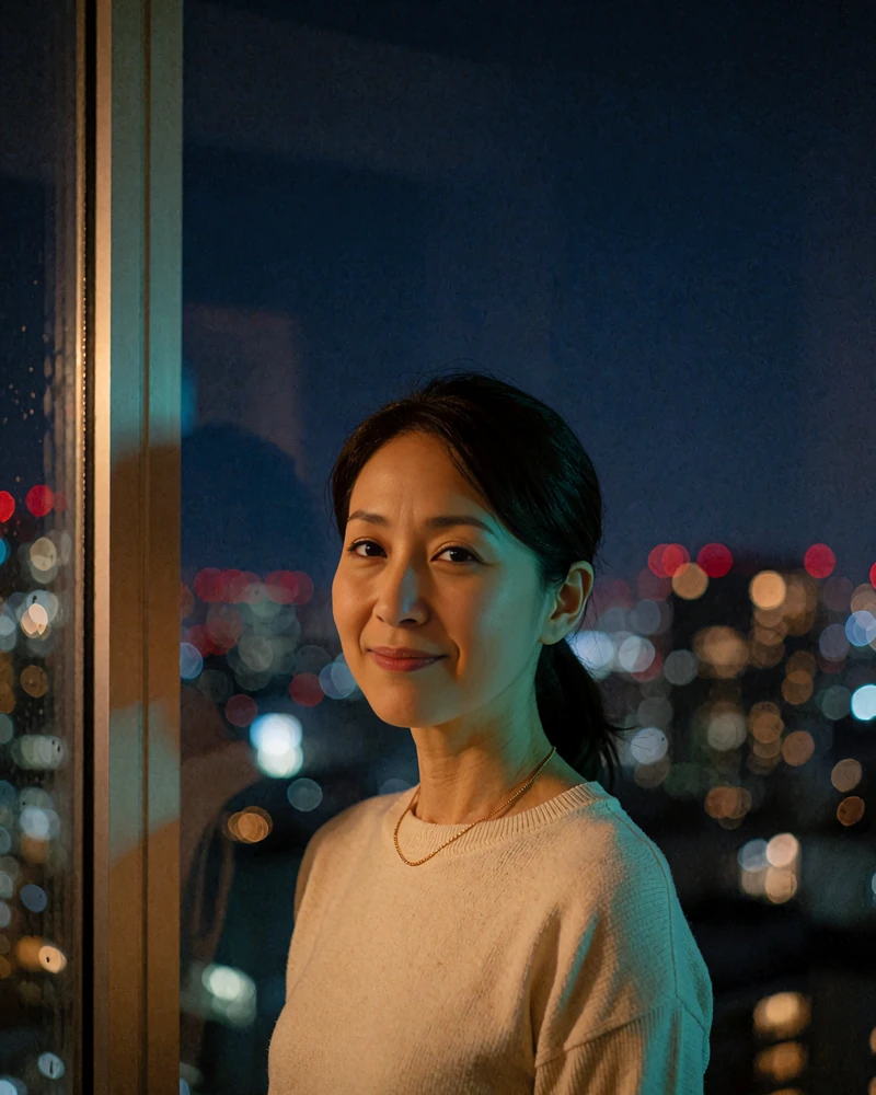 Verified Japanese member in her late twenties beside a city apartment window at night
