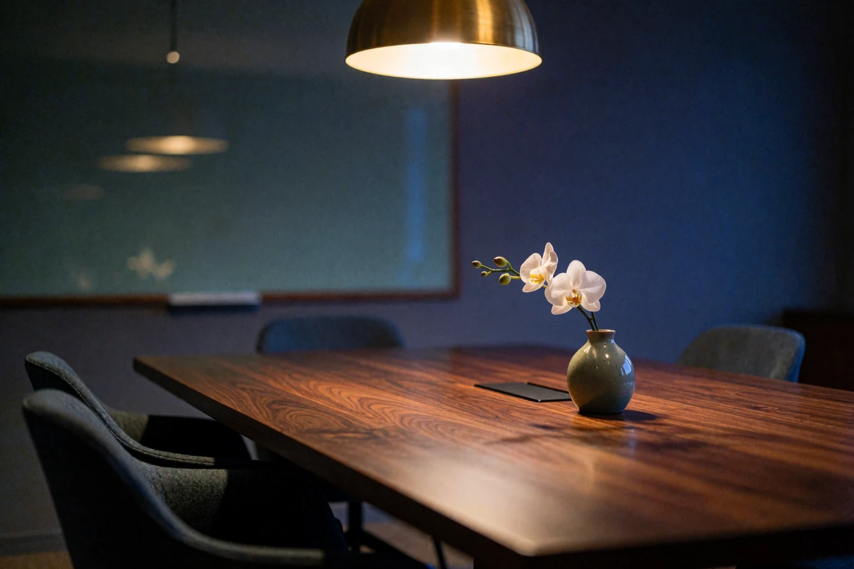 Empty modern conference room table set for a compliance review, representing AsianDating's account and moderation policy