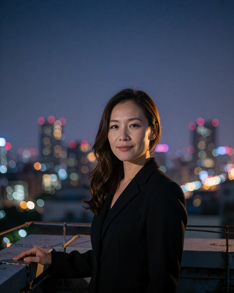Taiwanese member in a black blazer standing at a rooftop railing above the Taipei night skyline