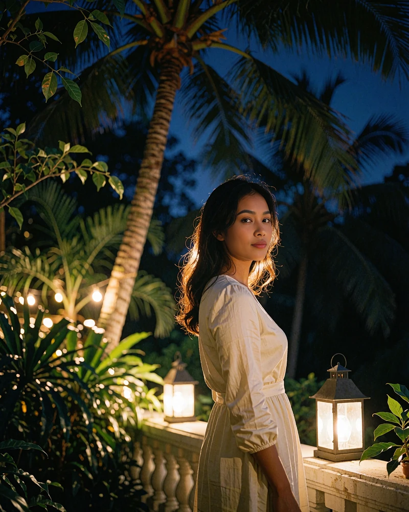 Bruneian woman in an ivory dress on a lantern-lit tropical garden terrace looking over her shoulder