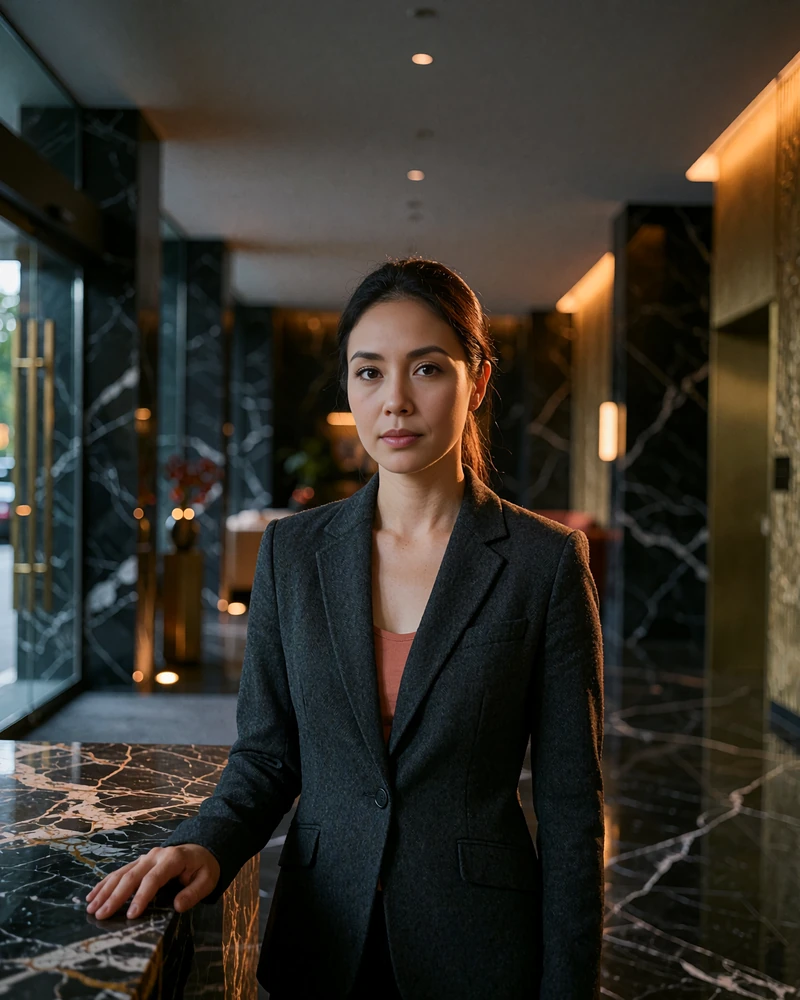 Malaysian woman in a charcoal blazer standing confidently in a modern Kuala Lumpur hotel lobby