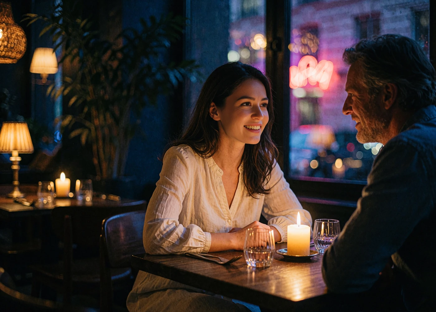 Couple leaning toward each other in conversation at a candlelit restaurant table after meeting through a Tajik dating site