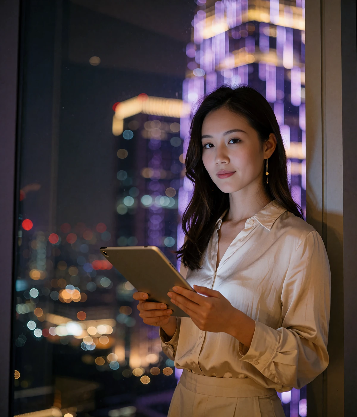 Elegant Asian woman reviewing a tablet by a high-rise window at night, illustrating profile verification on a legitimate Asian dating site
