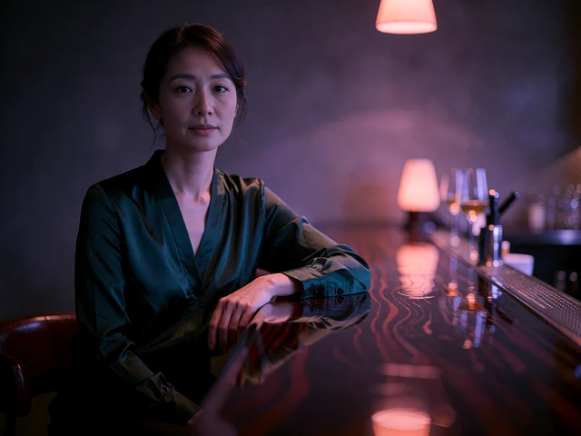A graceful Asian woman in an emerald blouse sits calmly at a polished bar counter under warm amber light