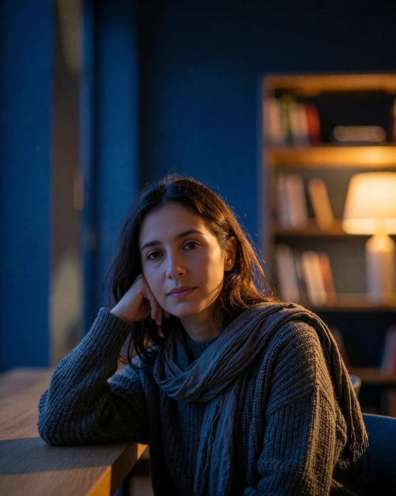 Afghan member in a charcoal knit sweater seated calmly in a modern reading room