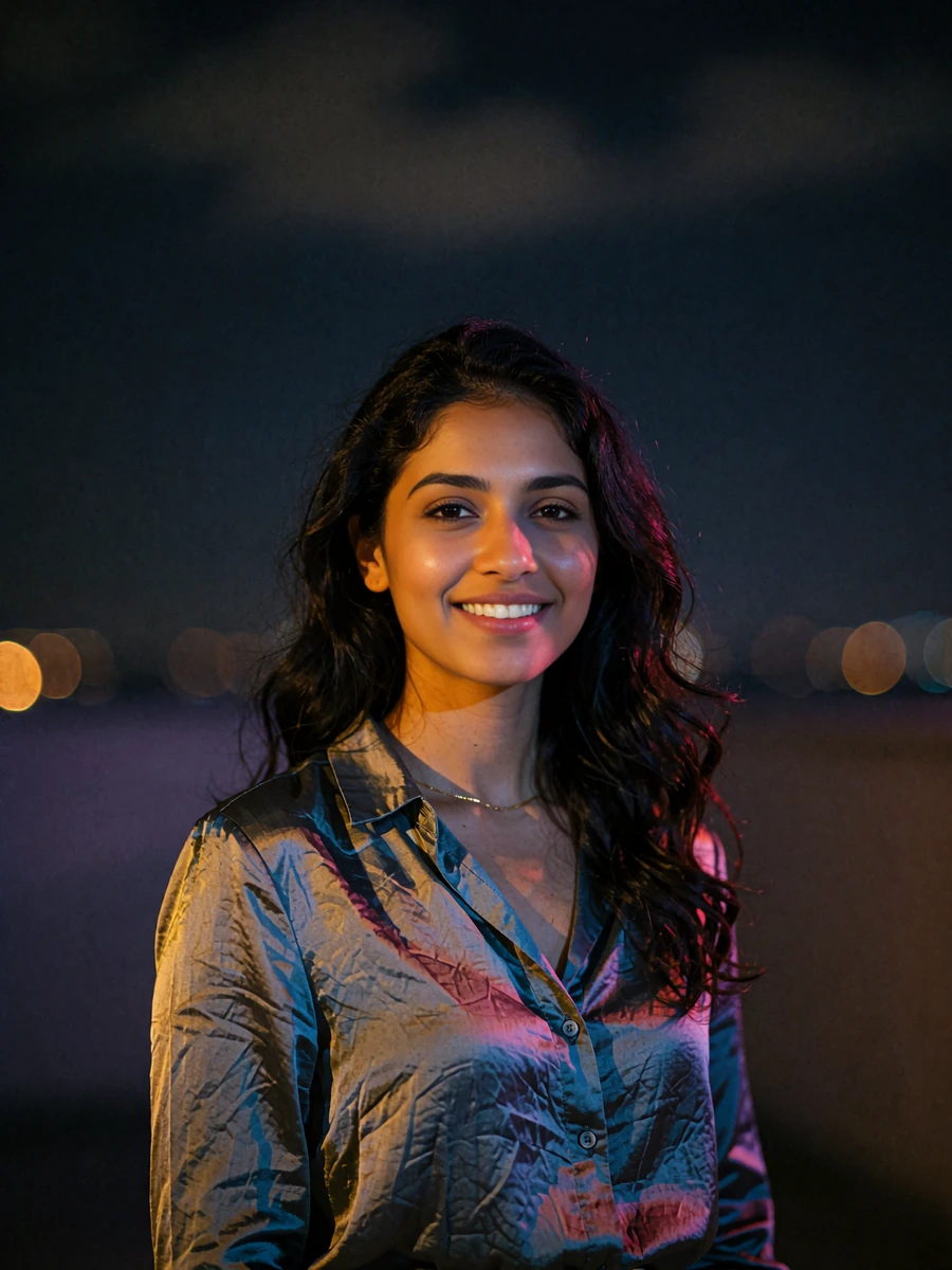 Indian member with a fine gold chain smiling on a dim hotel terrace at night