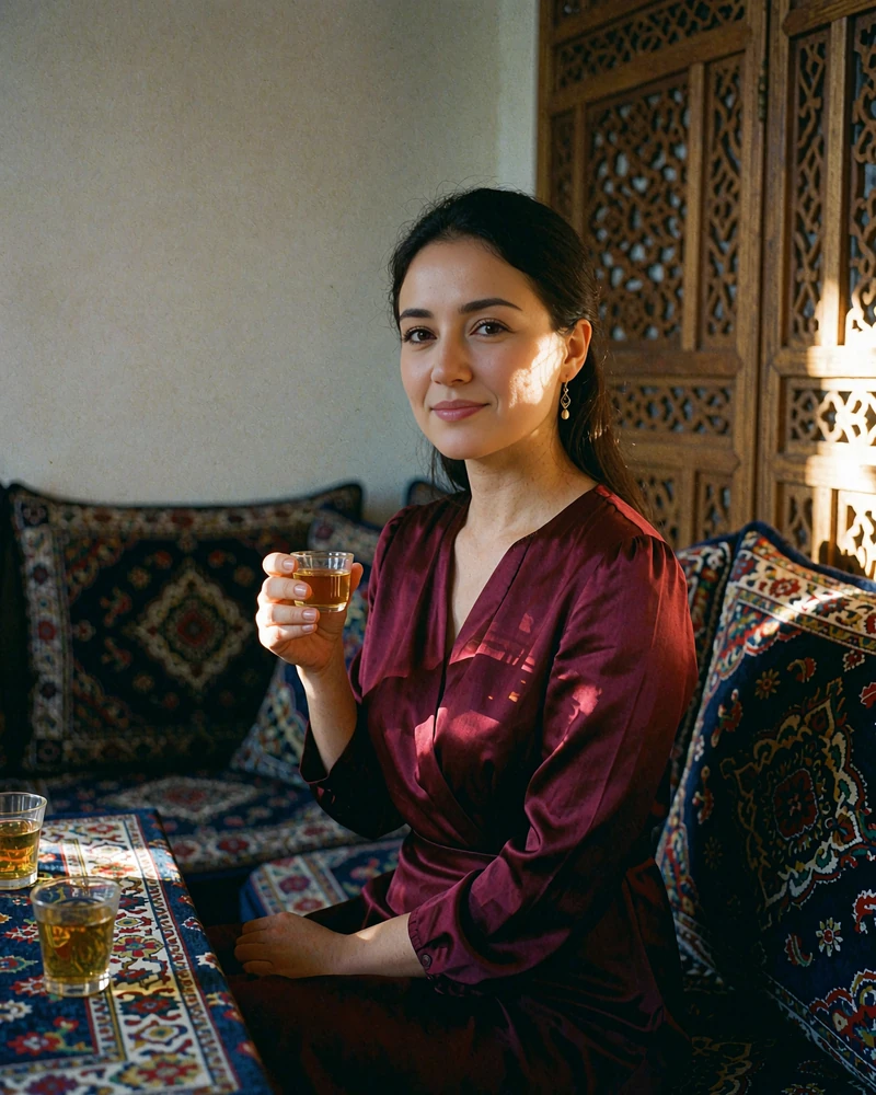 Turkmen member in a burgundy silk dress seated in a traditional tea house
