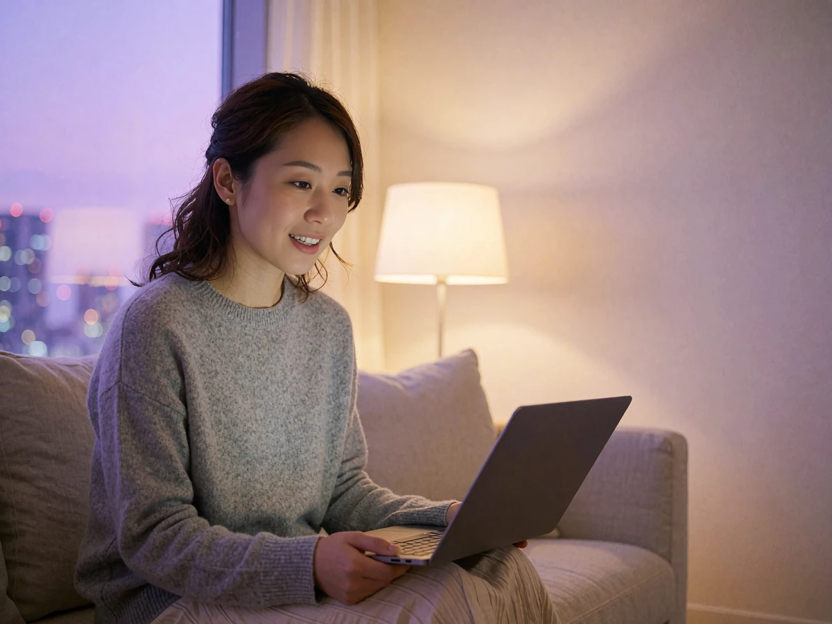 Young Japanese woman on a video call from a minimalist apartment sofa at night, illustrating a first safe video dating conversation