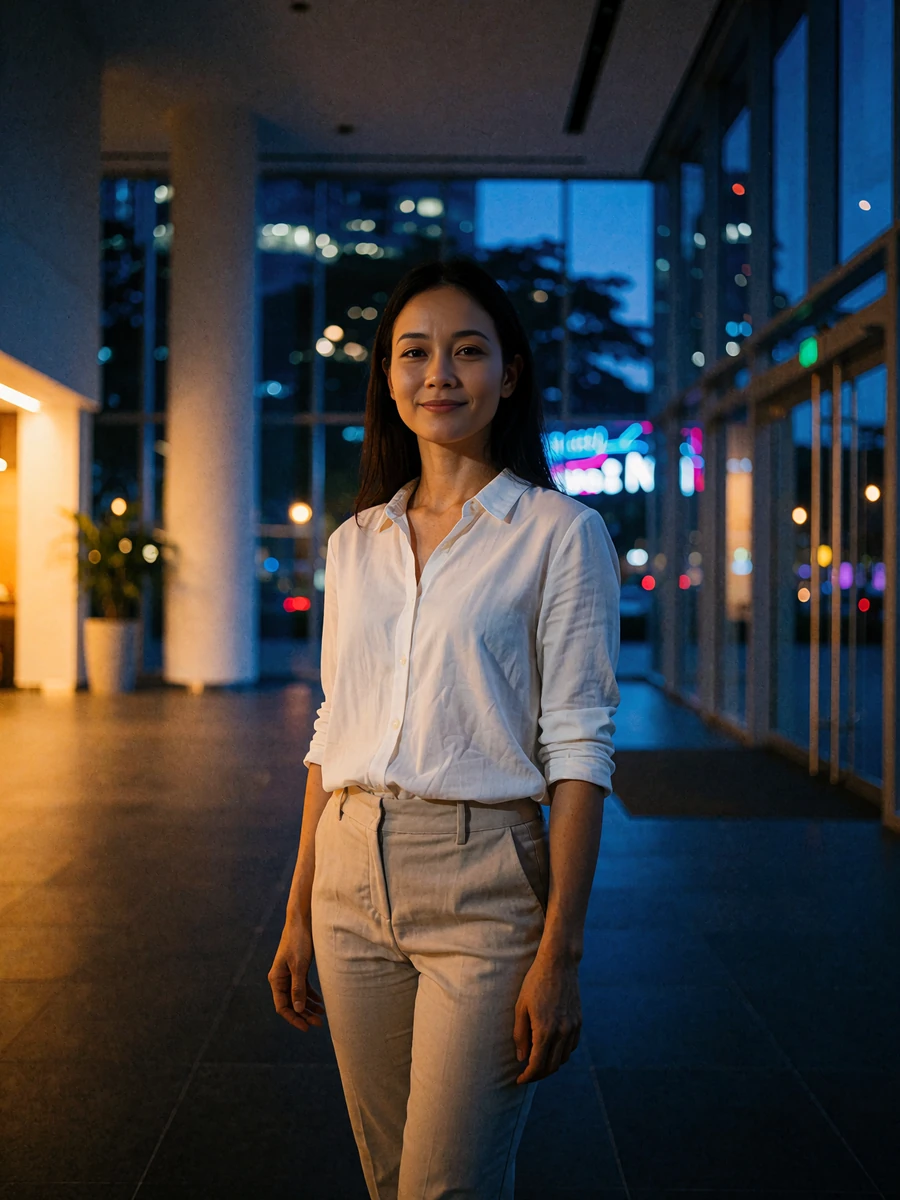 Singaporean member in a crisp white shirt standing in a modern glass-walled office lobby in the evening